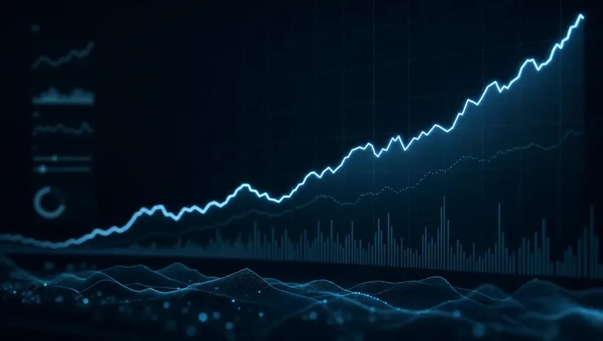 Dark analytics dashboard with a rising trend line