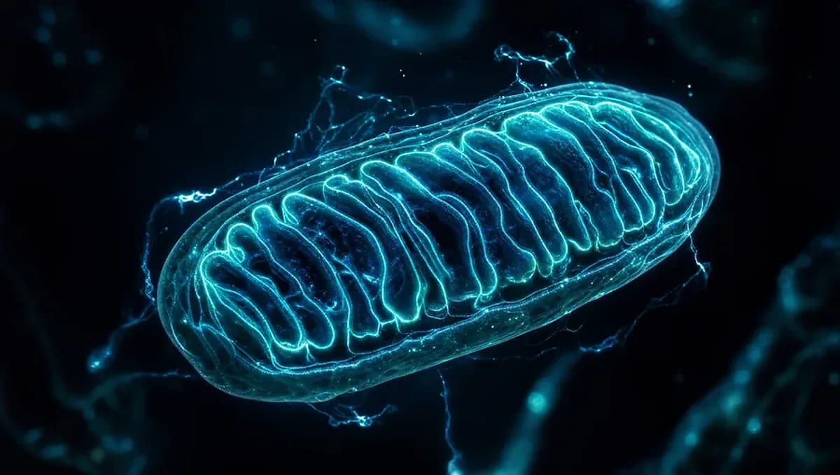 Mitochondrion with visible cristae glowing in teal