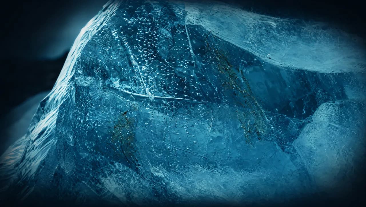 Macro photograph of ancient glacial ice with trapped air bubbles and frozen organic filaments