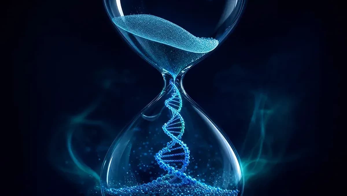 Hourglass whose falling sand becomes glowing DNA helix strands