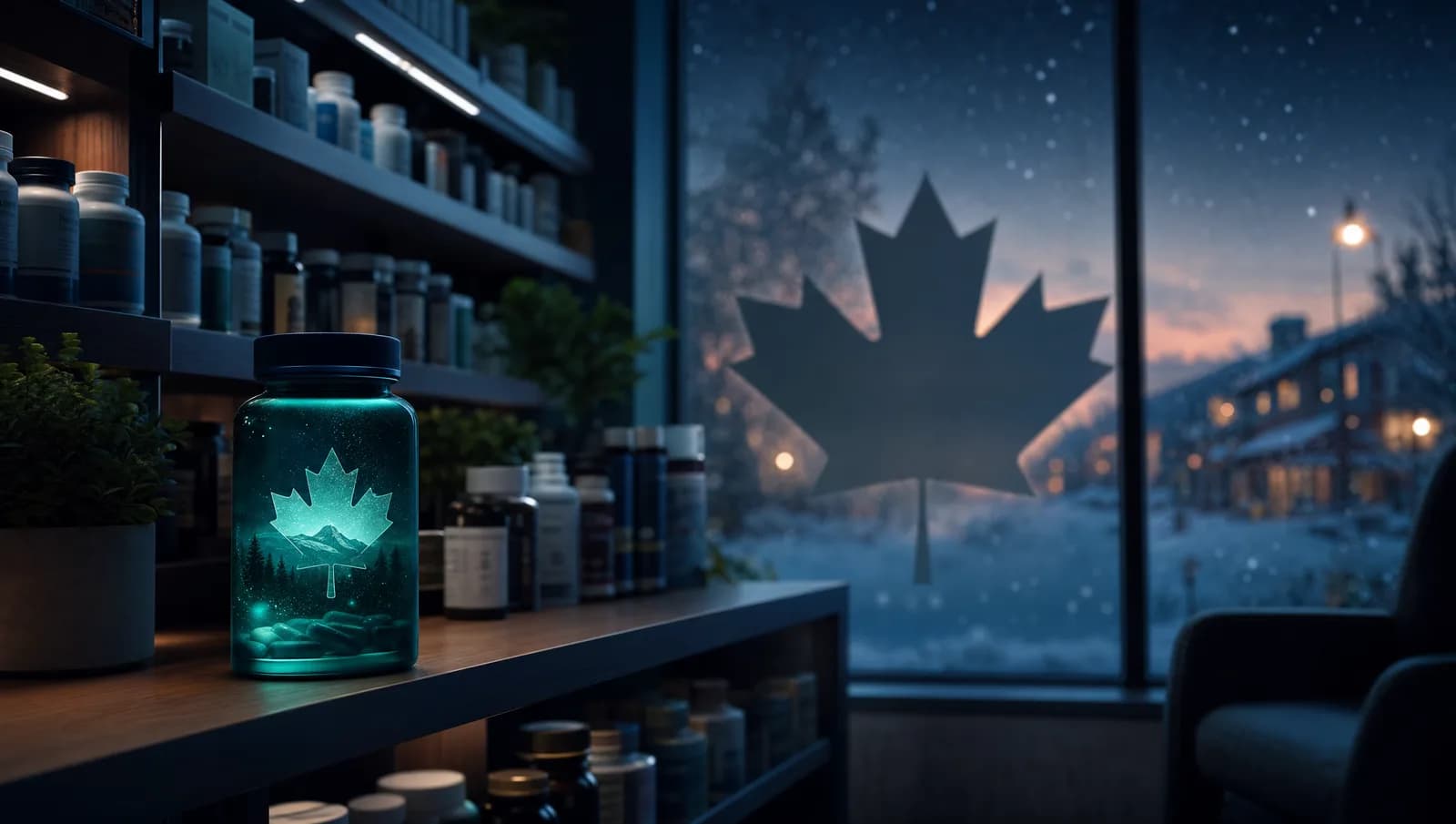 Canadian pharmacy shelf at dusk with a maple leaf in frosted glass
