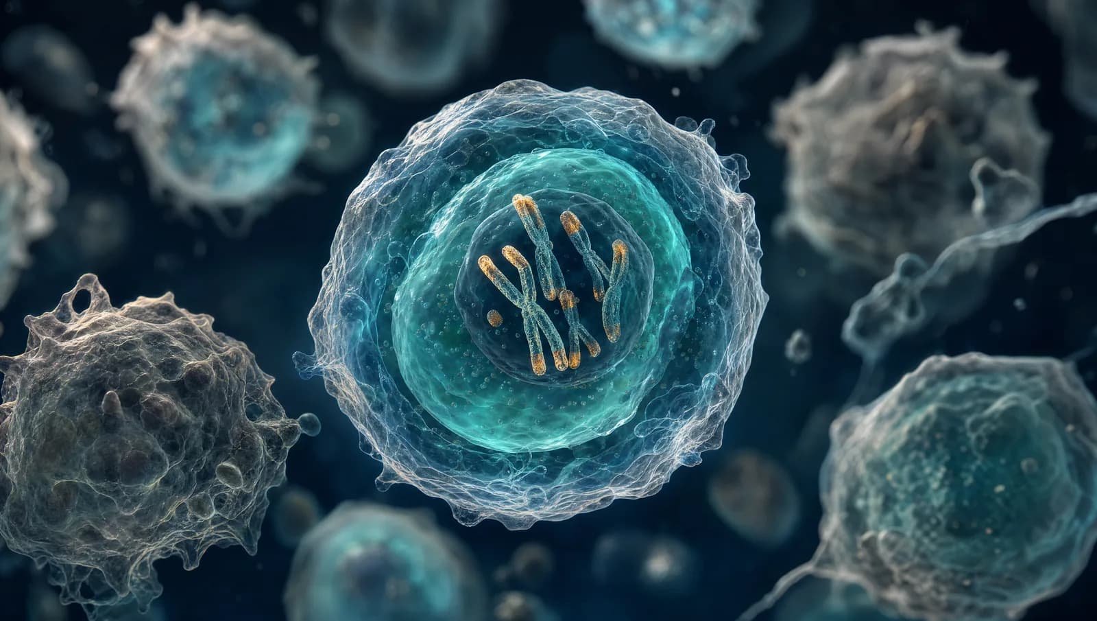 Translucent cells in varying states of aging, one showing telomere strands
