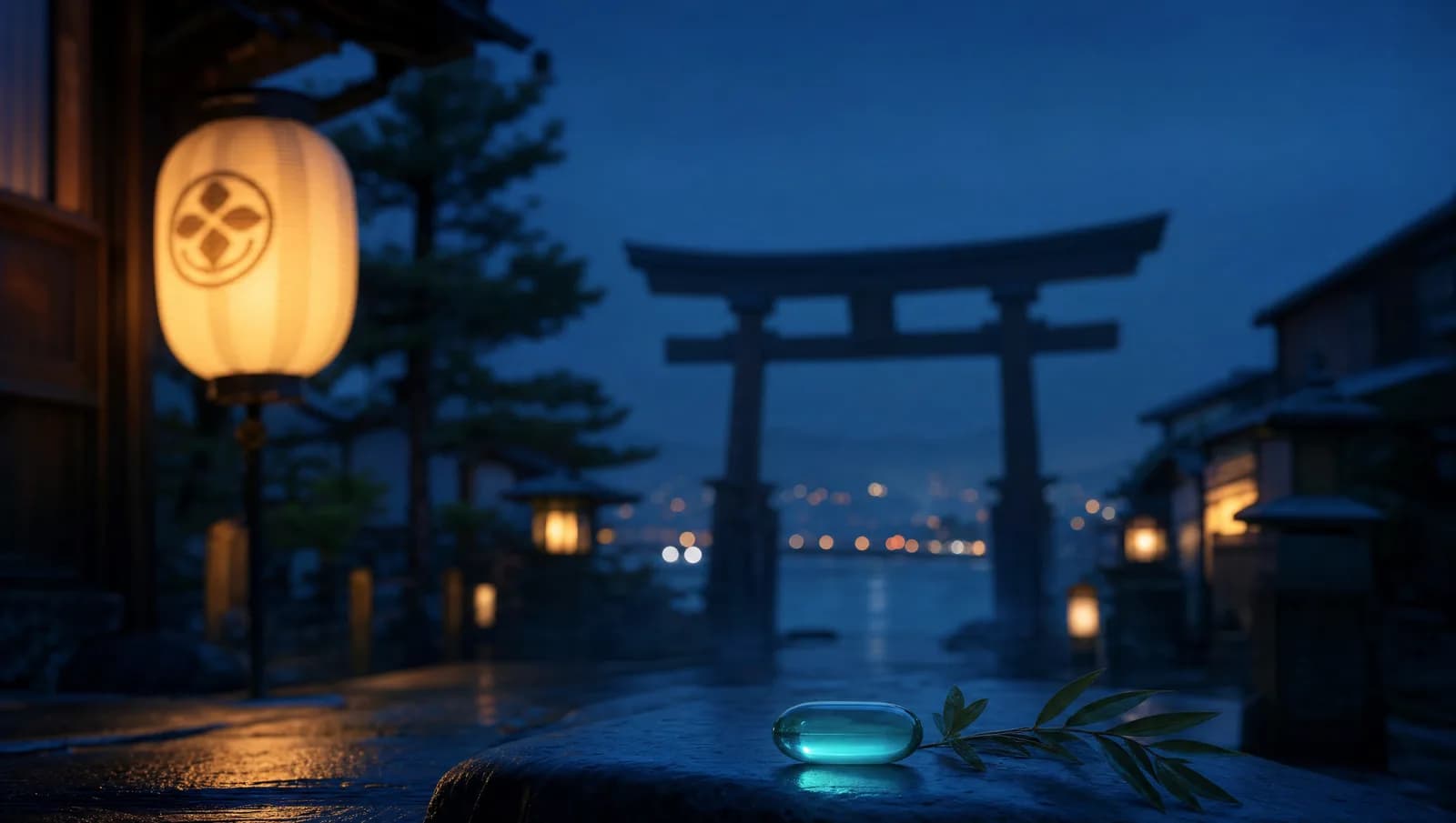 Tokyo blue-hour scene with lantern and torii gate, teal capsule motif