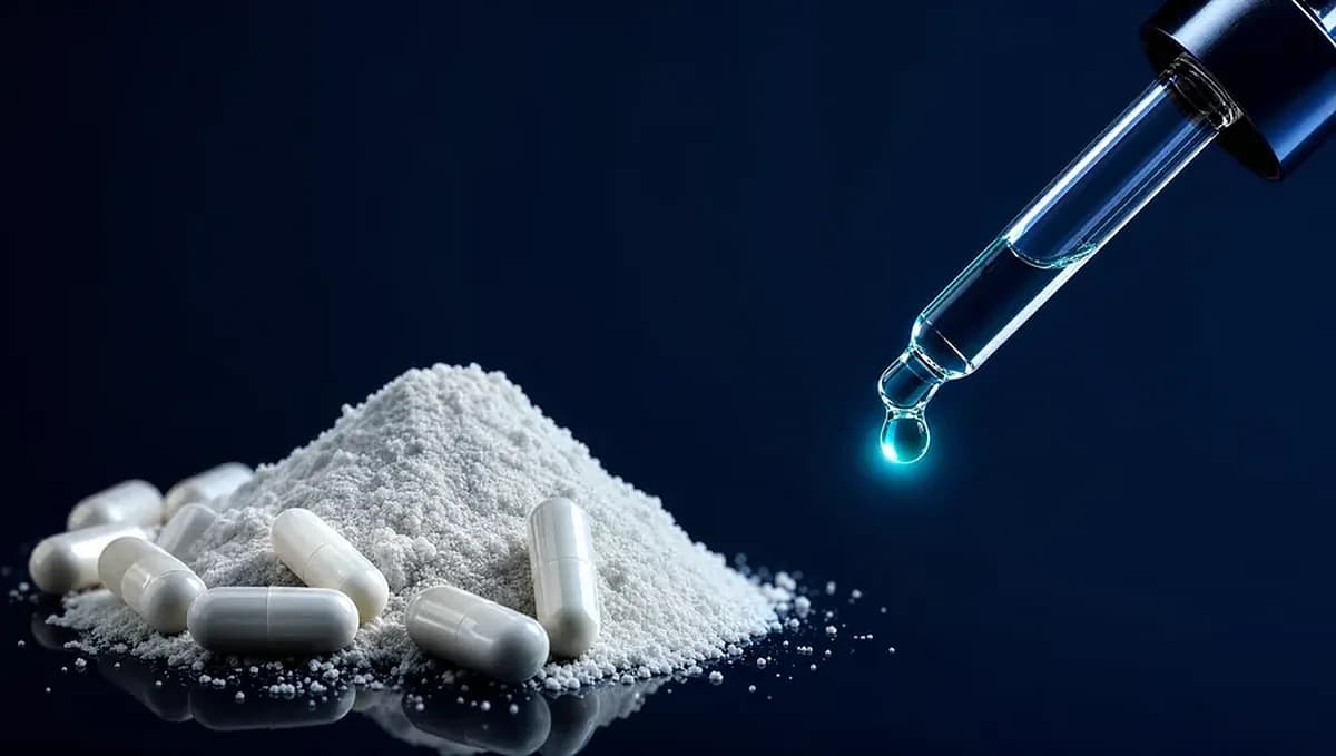 White NMN powder and capsules beside a glass dropper releasing a single teal drop