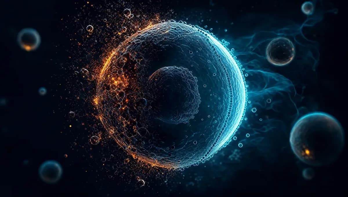 Dark cell sphere with amber oxidative sparks on one side and a teal protective glow on the other