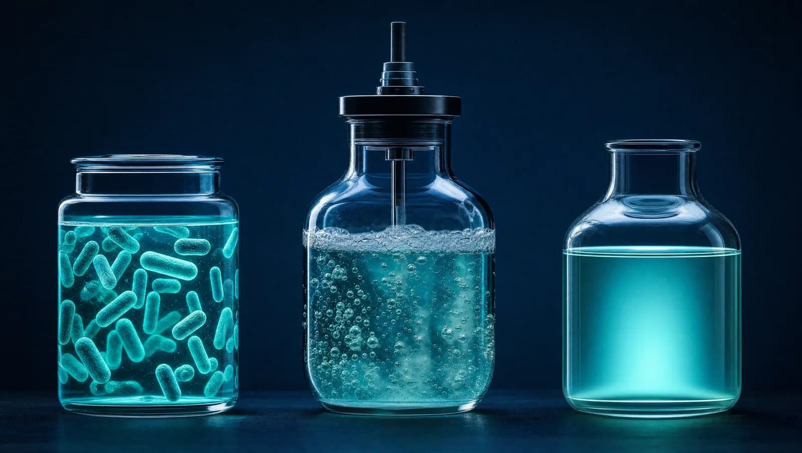 Three vessels showing the progression from live culture to pure metabolites