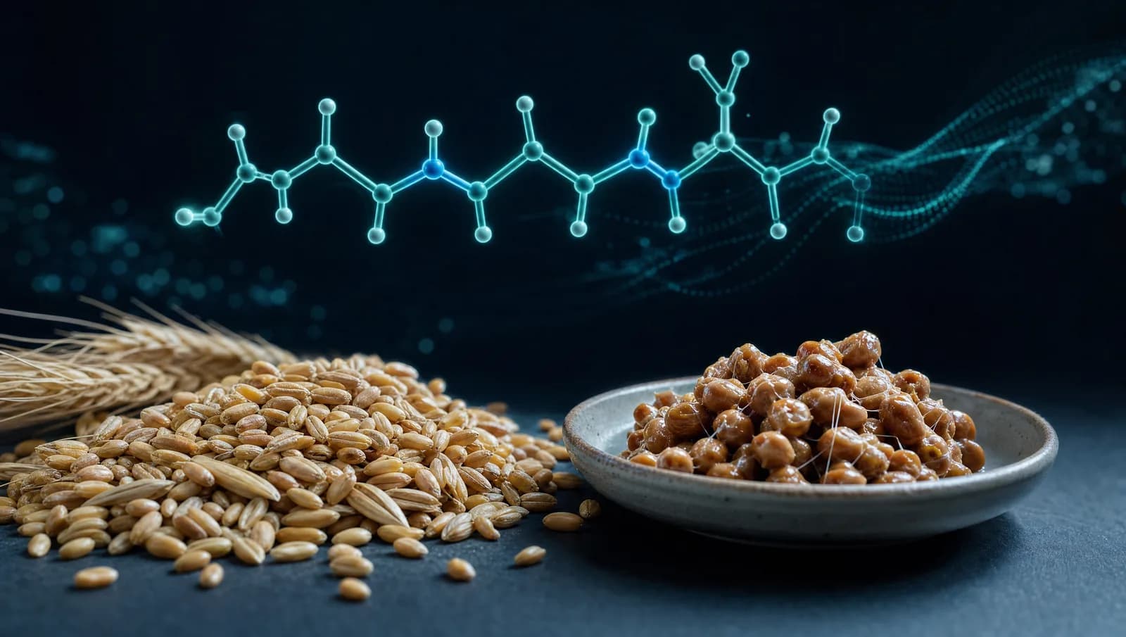 Wheat germ and natto beside a glowing teal spermidine molecular structure