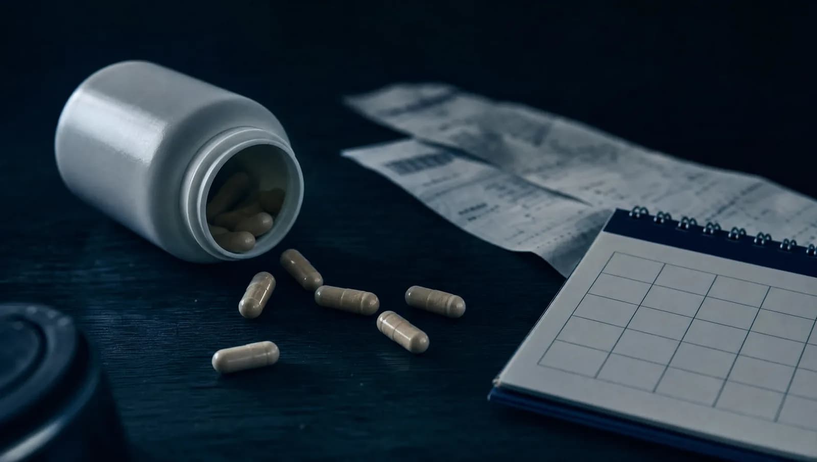 Tipped supplement bottle with spilled capsules beside a receipt and calendar