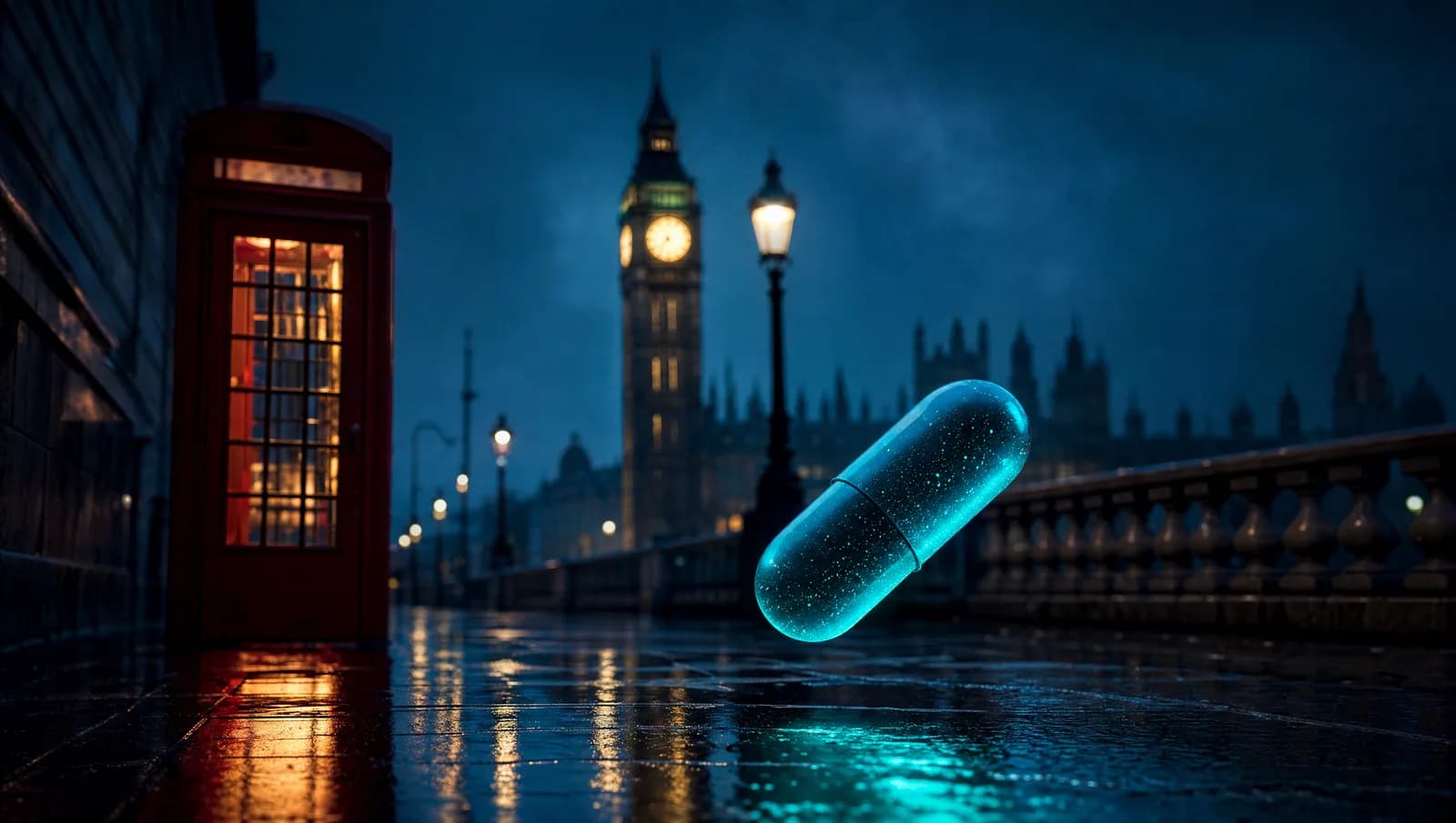 London at blue hour with a glowing teal capsule motif