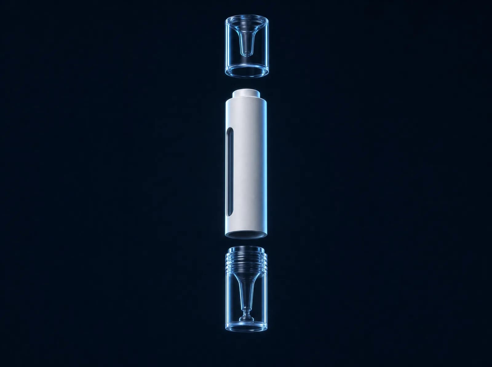 Exploded view — cap, sleeve and cartridge of the applicator pen