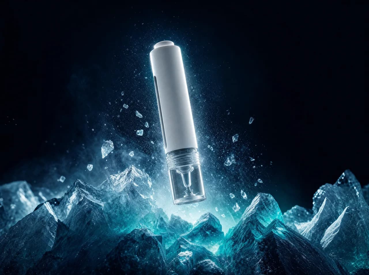 Postbiotic Supplement — Bacillus F sublingual applicator pen levitating over glacial ice