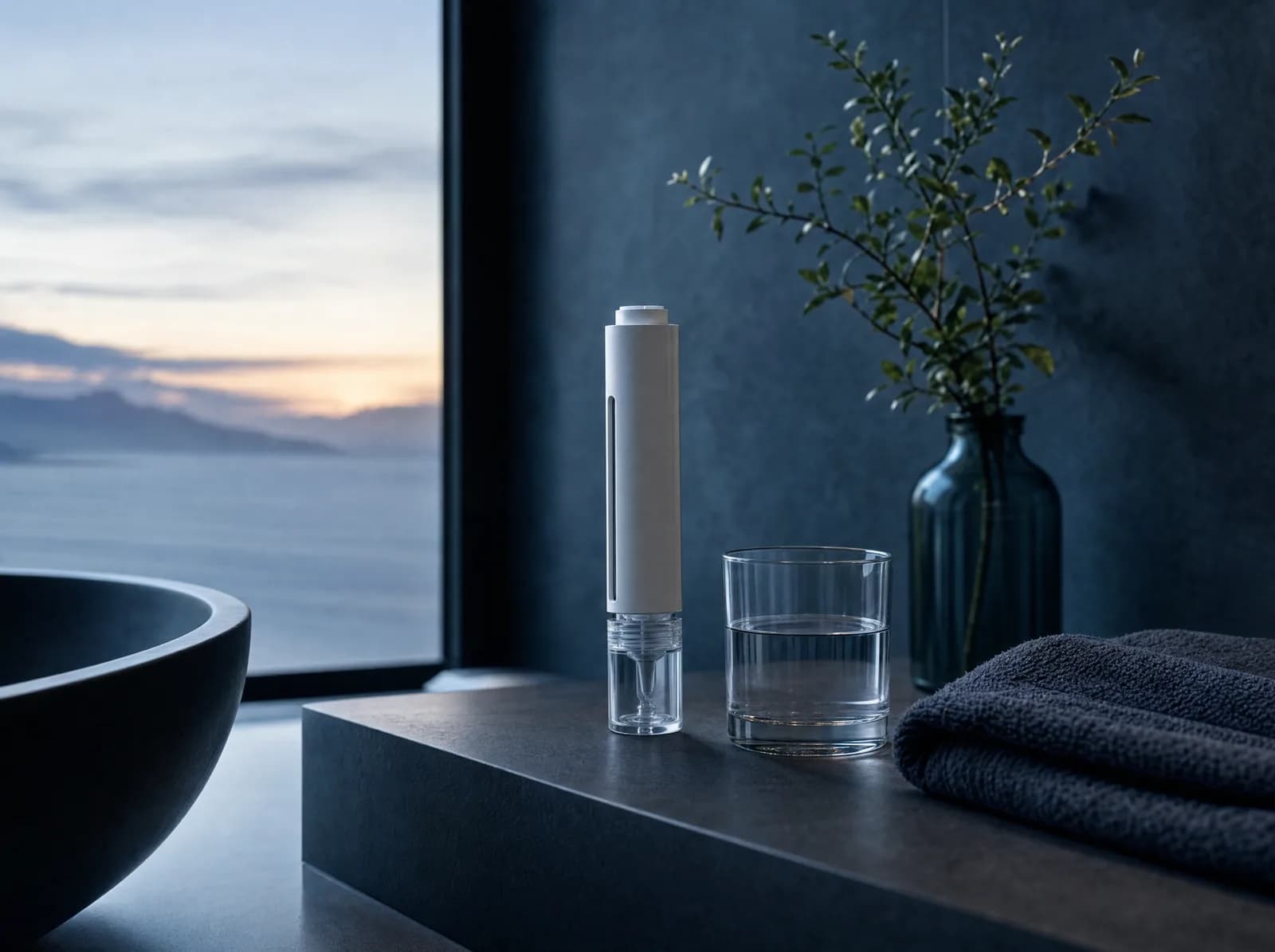 The Bacillus F applicator pen on a stone shelf at dawn