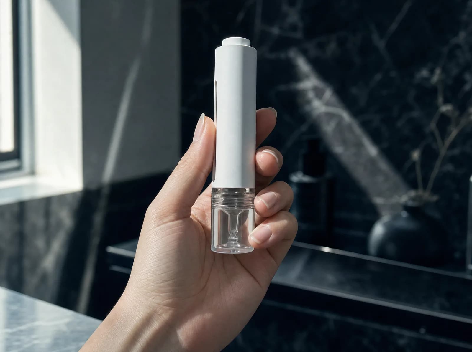 The Bacillus F applicator pen held in hand